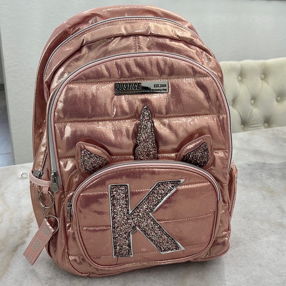Rose Gold Unicorn initial backpack